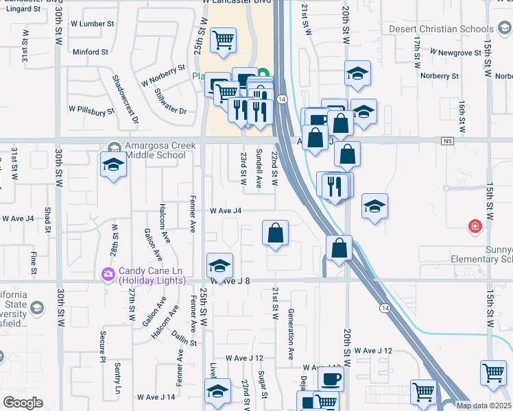 map of restaurants, bars, coffee shops, grocery stores, and more near 2233 West Avenue J4 in Lancaster