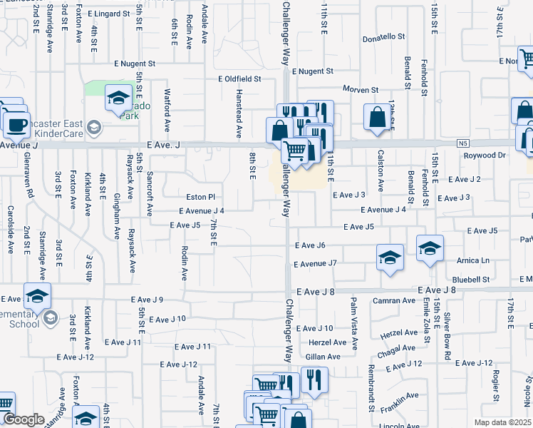 map of restaurants, bars, coffee shops, grocery stores, and more near 44201 Denmore Avenue in Lancaster