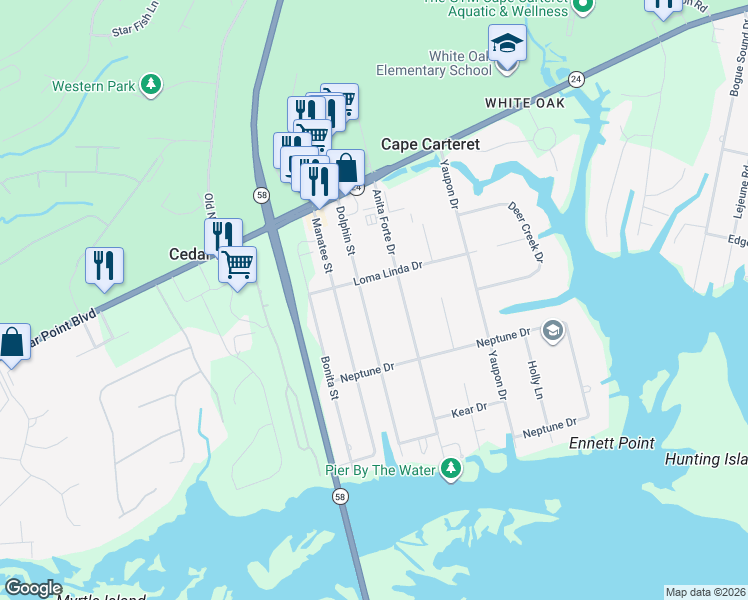 map of restaurants, bars, coffee shops, grocery stores, and more near 205 Dolphin Street in Cape Carteret
