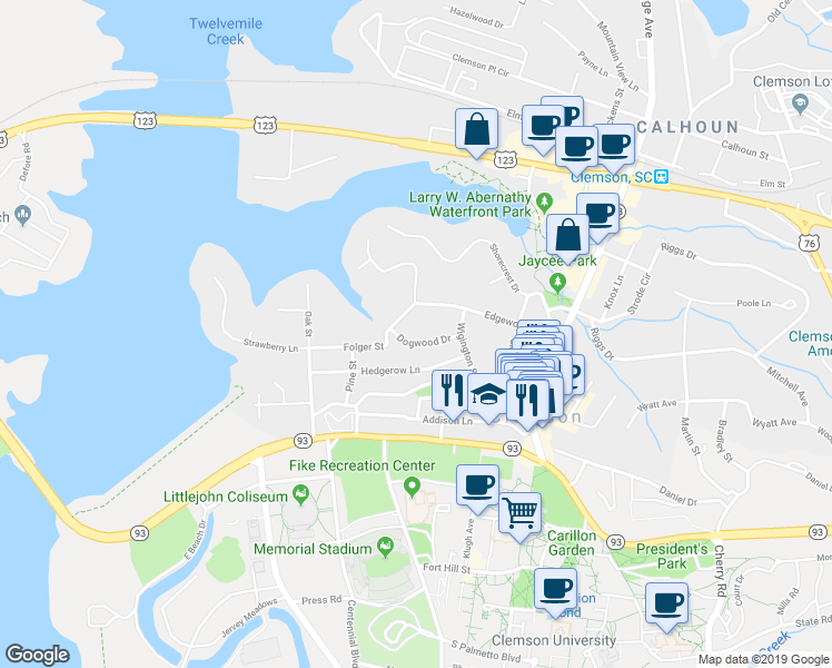 map of restaurants, bars, coffee shops, grocery stores, and more near 106 Dogwood Drive in Clemson