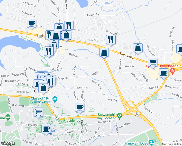 map of restaurants, bars, coffee shops, grocery stores, and more near 215 Riggs Dr in Clemson