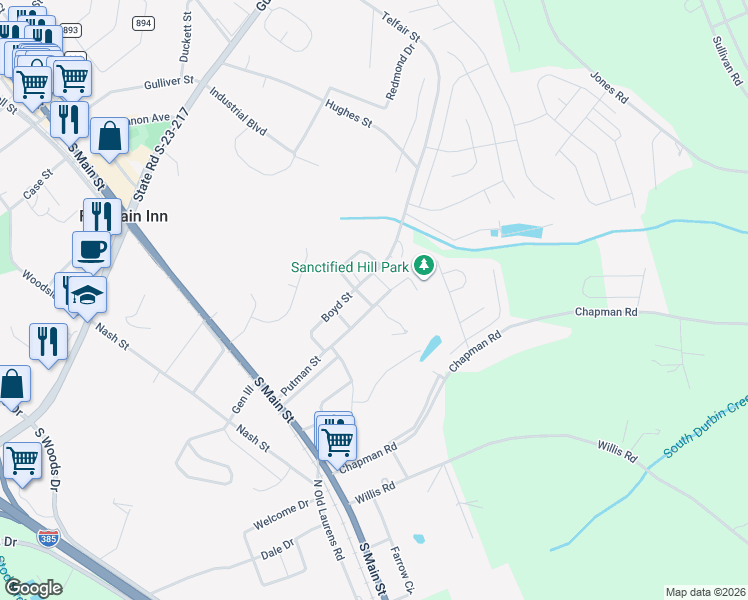 map of restaurants, bars, coffee shops, grocery stores, and more near 399 Putman Street in Fountain Inn