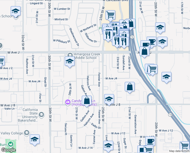 map of restaurants, bars, coffee shops, grocery stores, and more near 44202 Soft Avenue in Lancaster