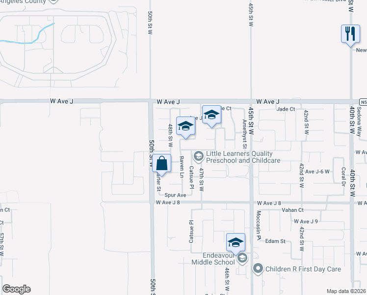 map of restaurants, bars, coffee shops, grocery stores, and more near 44210 Raven Lane in Lancaster