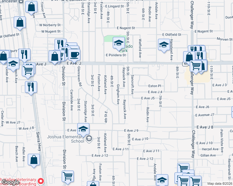 map of restaurants, bars, coffee shops, grocery stores, and more near 44208 4th Street East in Lancaster