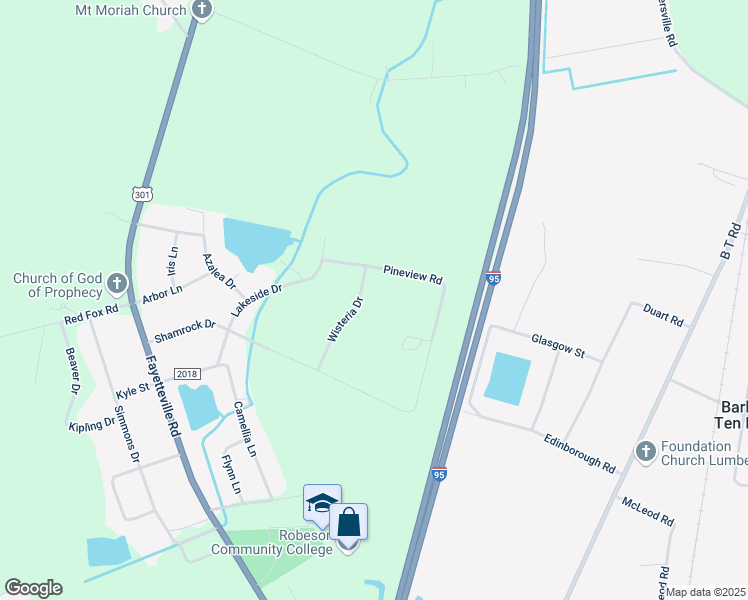 map of restaurants, bars, coffee shops, grocery stores, and more near 302 Wisteria Drive in Lumberton