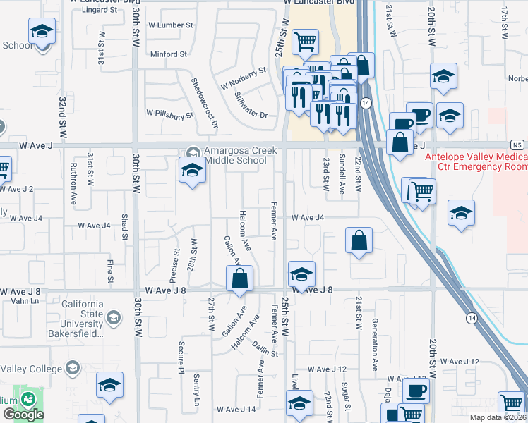 map of restaurants, bars, coffee shops, grocery stores, and more near 44202 Soft Avenue in Lancaster