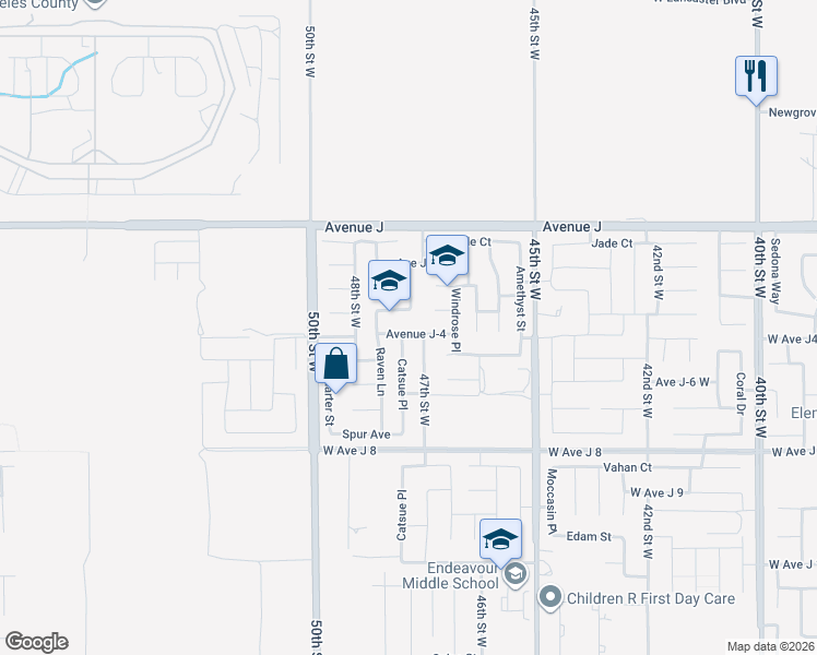 map of restaurants, bars, coffee shops, grocery stores, and more near 4709 Avenue J-4 in Lancaster