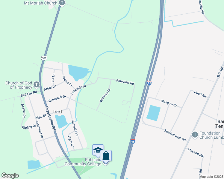 map of restaurants, bars, coffee shops, grocery stores, and more near 302 Wisteria Drive in Lumberton