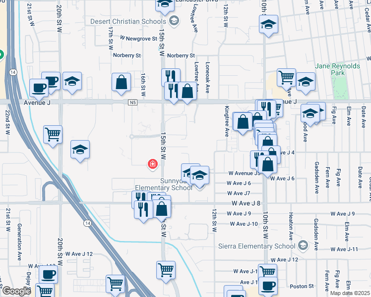 map of restaurants, bars, coffee shops, grocery stores, and more near 1306 West Avenue J 4 in Lancaster