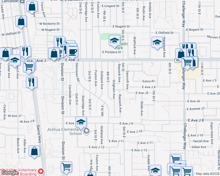 map of restaurants, bars, coffee shops, grocery stores, and more near 44208 4th St E in Lancaster