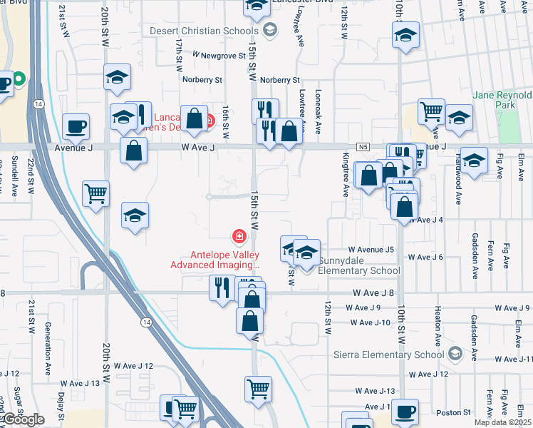 map of restaurants, bars, coffee shops, grocery stores, and more near 1344 West Avenue J 4 in Lancaster