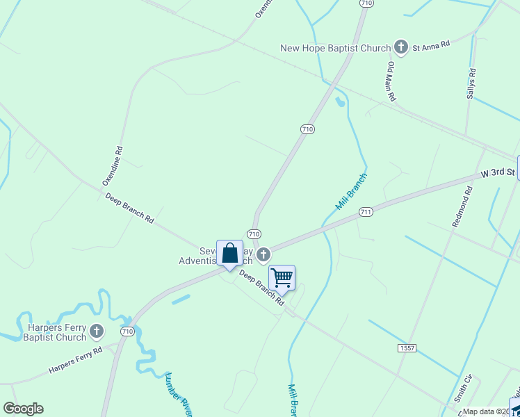 map of restaurants, bars, coffee shops, grocery stores, and more near North Carolina 710 in Pembroke