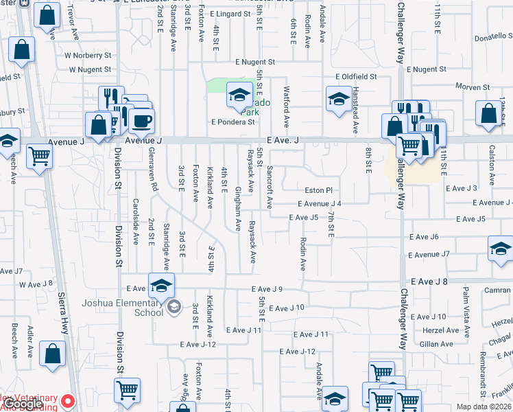 map of restaurants, bars, coffee shops, grocery stores, and more near 457 East Avenue J4 in Lancaster