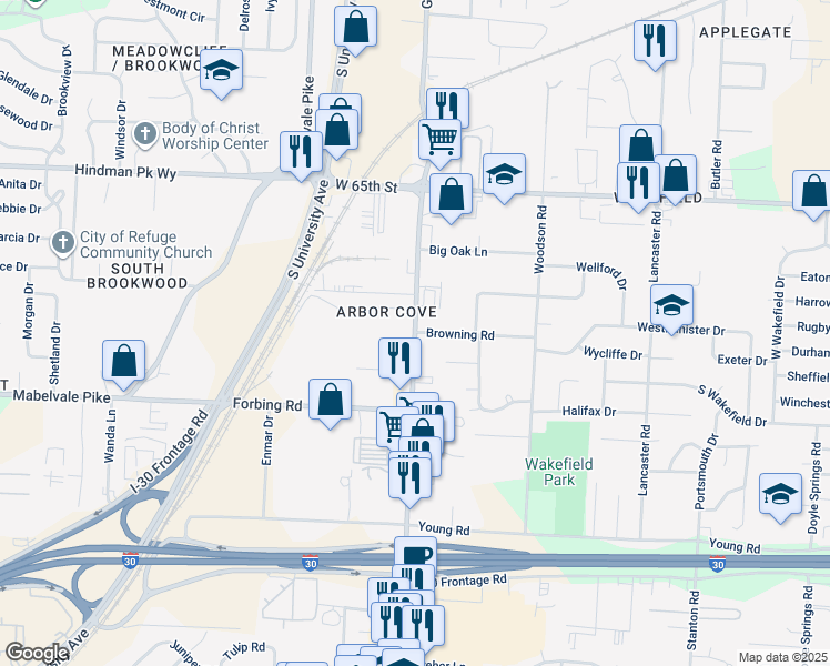 map of restaurants, bars, coffee shops, grocery stores, and more near 7000 Geyer Springs Road in Little Rock
