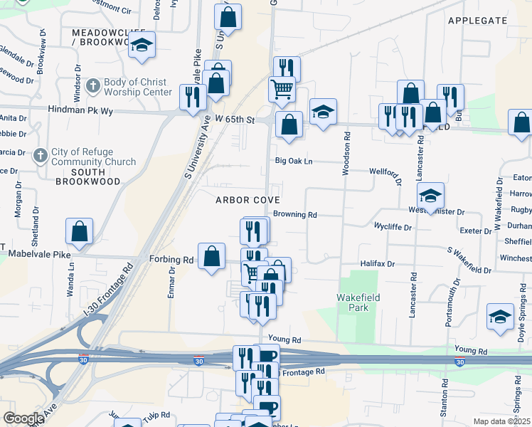 map of restaurants, bars, coffee shops, grocery stores, and more near 7000 Geyer Springs Road in Little Rock