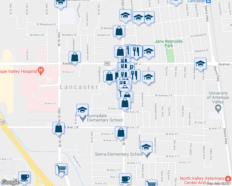map of restaurants, bars, coffee shops, grocery stores, and more near 44215 10th Street West in Lancaster
