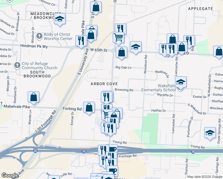 map of restaurants, bars, coffee shops, grocery stores, and more near 5906 Browning Road in Little Rock