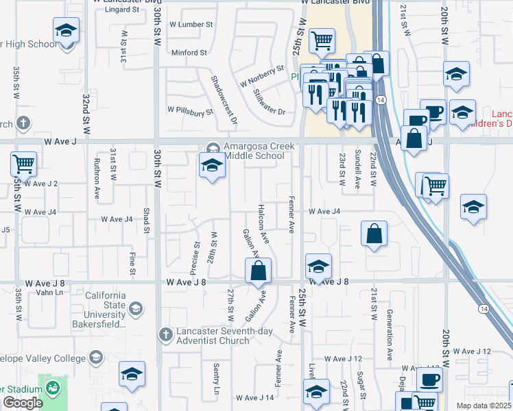 map of restaurants, bars, coffee shops, grocery stores, and more near 44209 Halcom Avenue in Lancaster