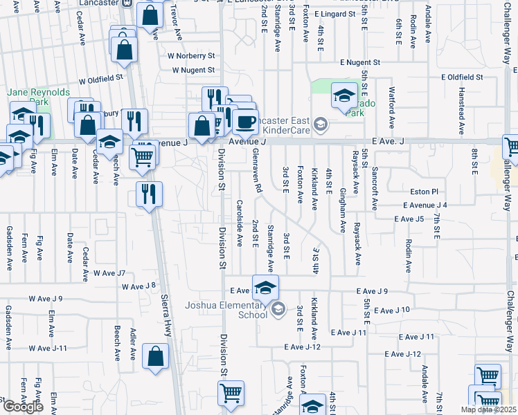 map of restaurants, bars, coffee shops, grocery stores, and more near 44226 2nd Street East in Lancaster