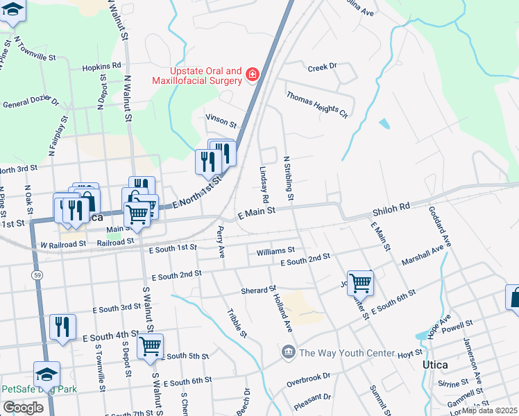map of restaurants, bars, coffee shops, grocery stores, and more near 731 East Main Street in Seneca