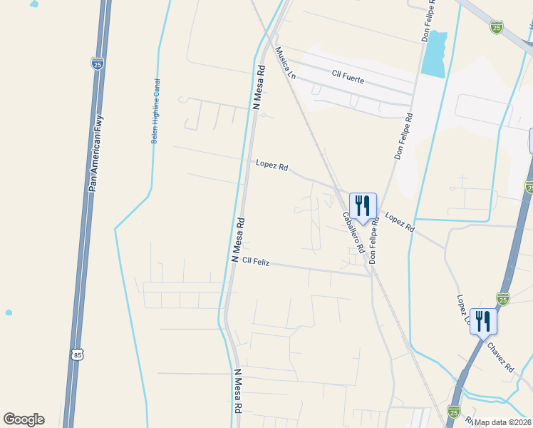 map of restaurants, bars, coffee shops, grocery stores, and more near 1500 North Mesa Road in Belen