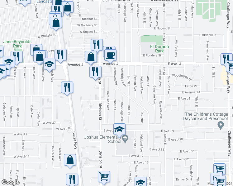 map of restaurants, bars, coffee shops, grocery stores, and more near 44226 2nd Street East in Lancaster