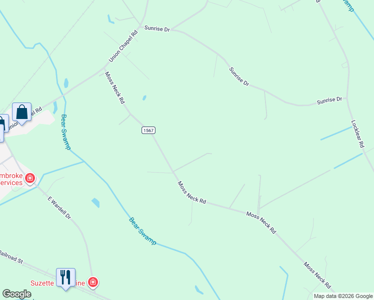 map of restaurants, bars, coffee shops, grocery stores, and more near 4098 Moss Neck Road in Pembroke