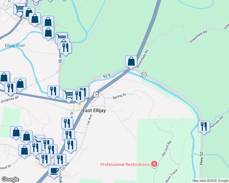 map of restaurants, bars, coffee shops, grocery stores, and more near 304-352 Mulberry St in East Ellijay