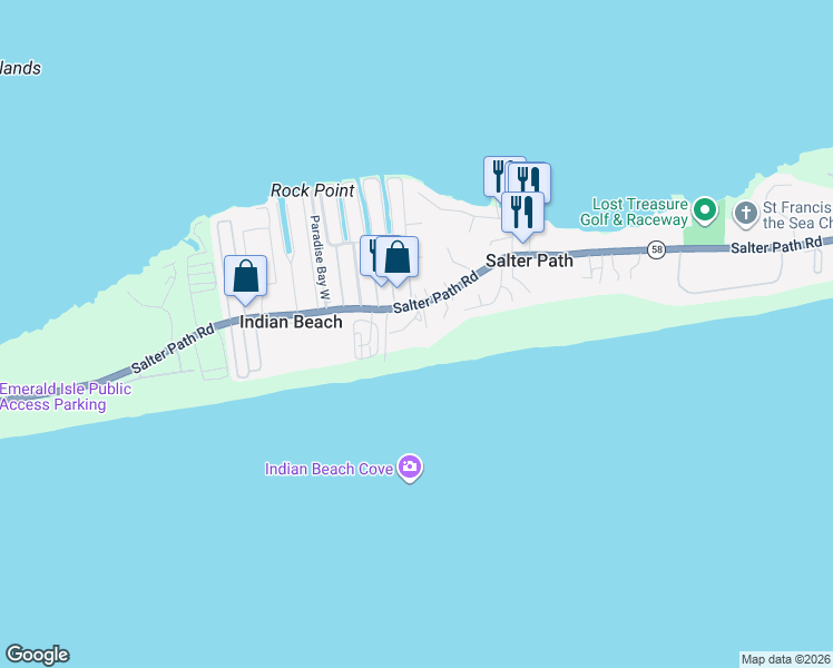 map of restaurants, bars, coffee shops, grocery stores, and more near 1405 Salter Path Road in Atlantic Beach