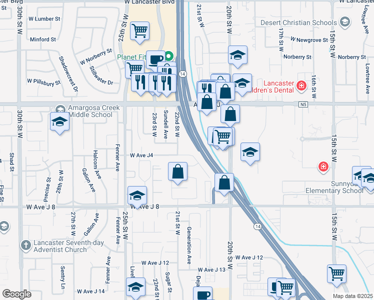 map of restaurants, bars, coffee shops, grocery stores, and more near Georgia Court in Lancaster