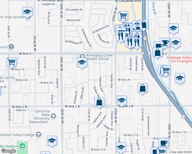 map of restaurants, bars, coffee shops, grocery stores, and more near 44204 Galion Avenue in Lancaster