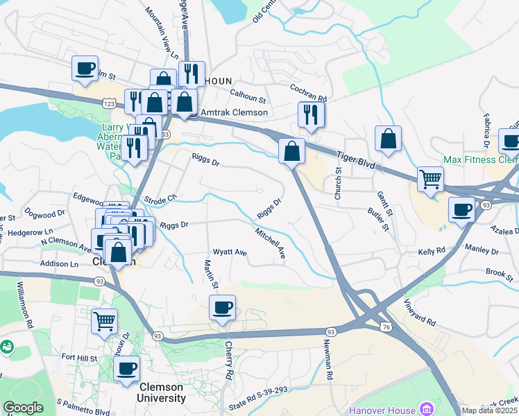 map of restaurants, bars, coffee shops, grocery stores, and more near 215 Riggs Drive in Clemson