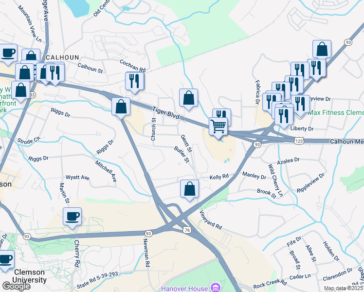 map of restaurants, bars, coffee shops, grocery stores, and more near 221 Butler Street in Clemson