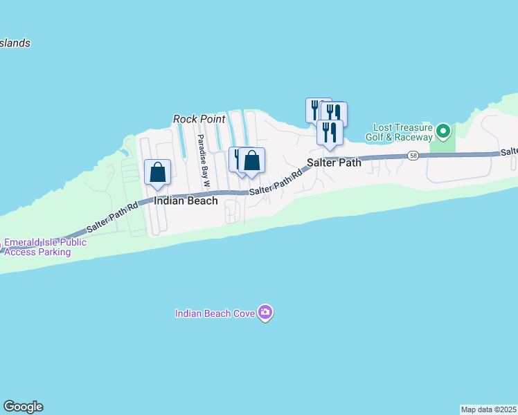 map of restaurants, bars, coffee shops, grocery stores, and more near 1435 Salter Path Road in Atlantic Beach