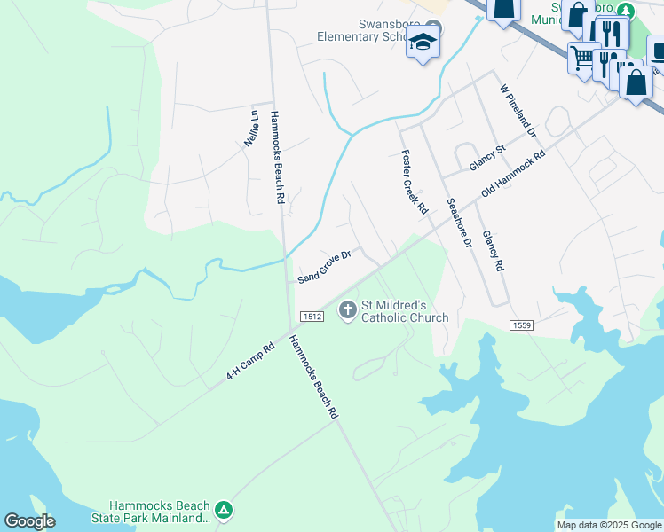 map of restaurants, bars, coffee shops, grocery stores, and more near 305 Sand Grove Drive in Swansboro