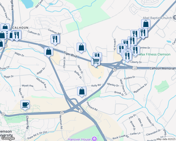 map of restaurants, bars, coffee shops, grocery stores, and more near 129 Freedom Drive in Clemson