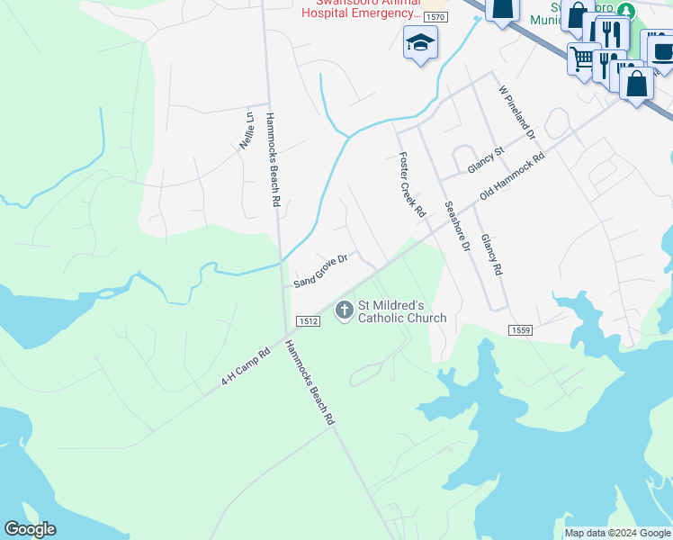 map of restaurants, bars, coffee shops, grocery stores, and more near 303 Sand Grove Drive in Swansboro