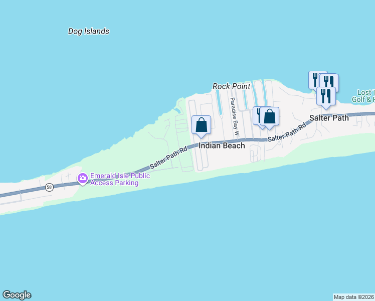 map of restaurants, bars, coffee shops, grocery stores, and more near 1505 Salter Path Rd in Emerald Isle