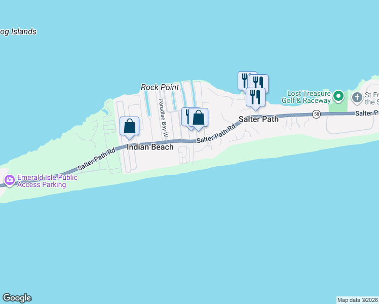 map of restaurants, bars, coffee shops, grocery stores, and more near 113 Ocean Ridge Court in Indian Beach