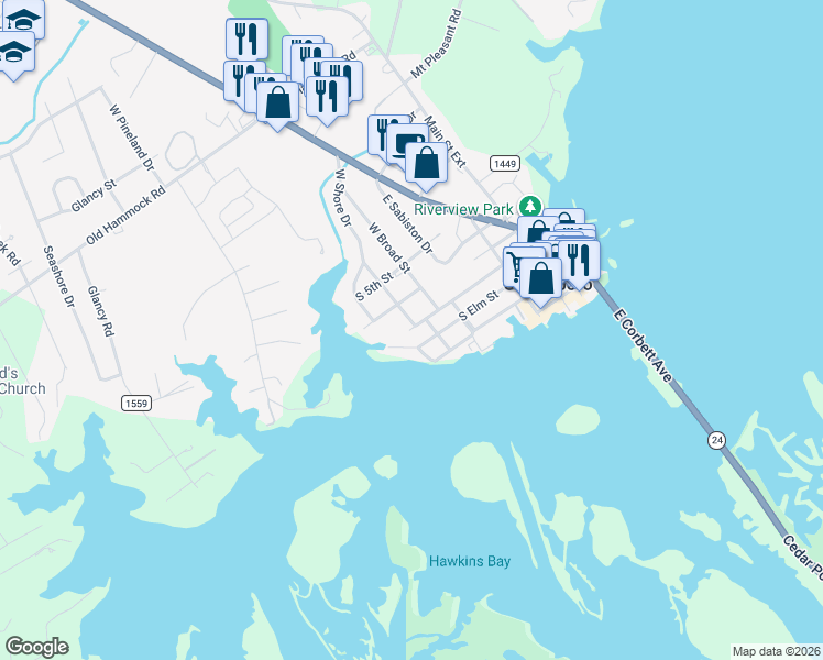 map of restaurants, bars, coffee shops, grocery stores, and more near 406 South Elm Street in Swansboro