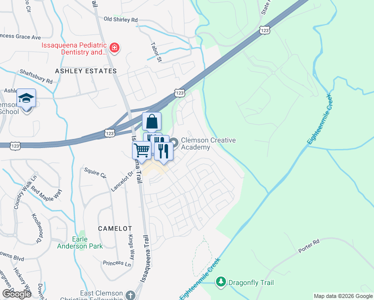 map of restaurants, bars, coffee shops, grocery stores, and more near 111 Cadet Street in Clemson