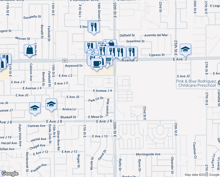 map of restaurants, bars, coffee shops, grocery stores, and more near 1849 East Avenue J4 in Lancaster