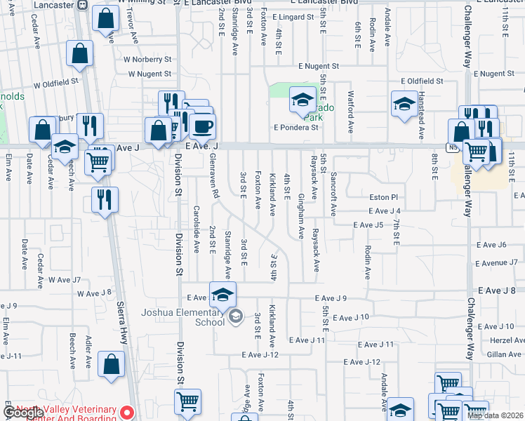 map of restaurants, bars, coffee shops, grocery stores, and more near 44216 Foxton Avenue in Lancaster