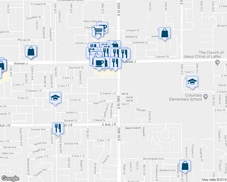 map of restaurants, bars, coffee shops, grocery stores, and more near 1849 East Avenue J 4 in Lancaster