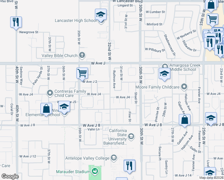 map of restaurants, bars, coffee shops, grocery stores, and more near 3130 Stevey Street in Lancaster