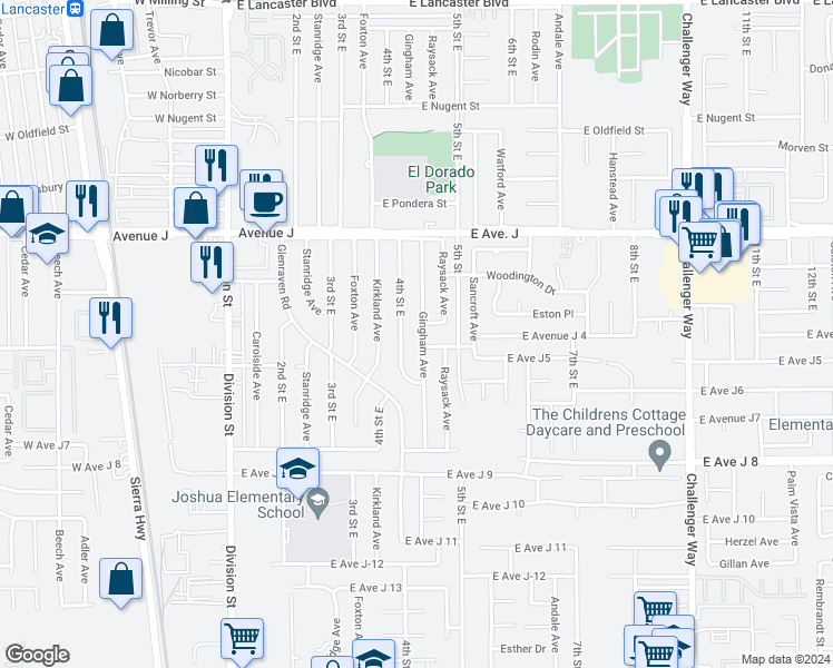 map of restaurants, bars, coffee shops, grocery stores, and more near 44211 Gingham Avenue in Lancaster