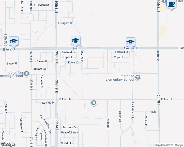 map of restaurants, bars, coffee shops, grocery stores, and more near Avenue J-4 in Lancaster