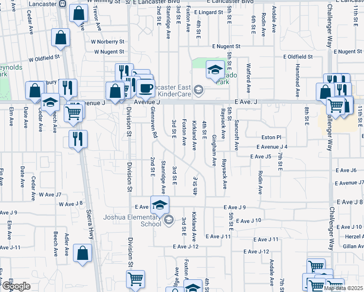 map of restaurants, bars, coffee shops, grocery stores, and more near 44217 Foxton Avenue in Lancaster