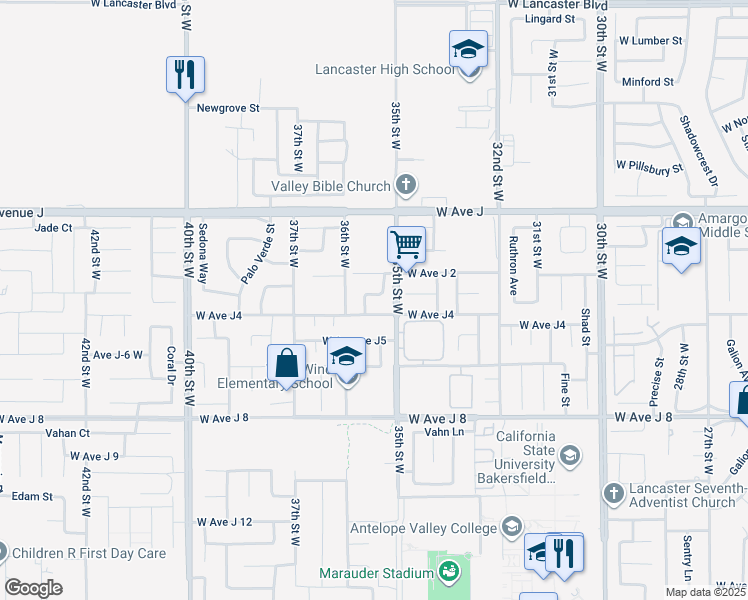 map of restaurants, bars, coffee shops, grocery stores, and more near 3526 West Avenue J 3 in Lancaster